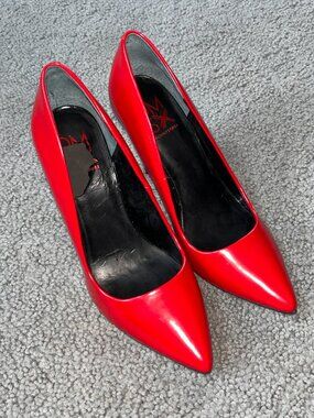 DMSX BY DONALD PILNER LIPSTICK RED SEXY STILETTO PUMPS 4.25" SPIKE PIN HEEL  7.5